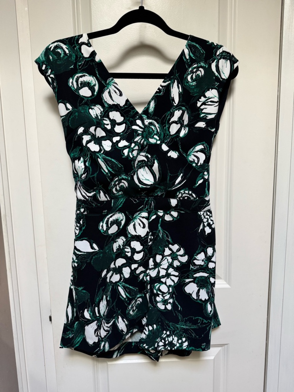 Club Monaco Black Floral V-Neck romper with Green & White Print